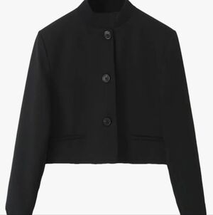 New Zara Cropped Crewneck Long Sleeve Black Button Ribbed Loose Bomber Jacket